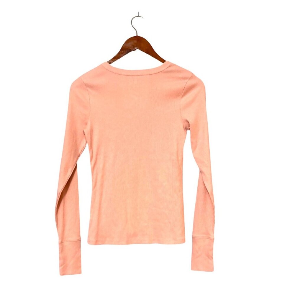 Soft Ribbed Long Sleeve Crew Neck Basic Fitted Top Salmon Pink - Picture 2 of 5